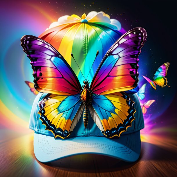 Drawing of a butterfly in a cap on the rainbow