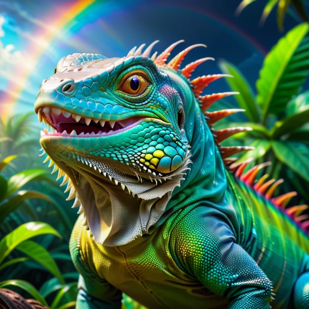 Image of a smiling of a iguana on the rainbow