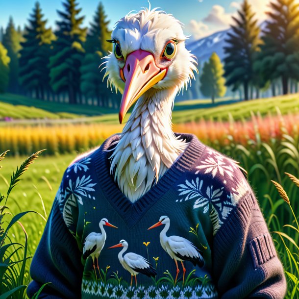 Photo d'une cigogne dans un pull dans la prairie