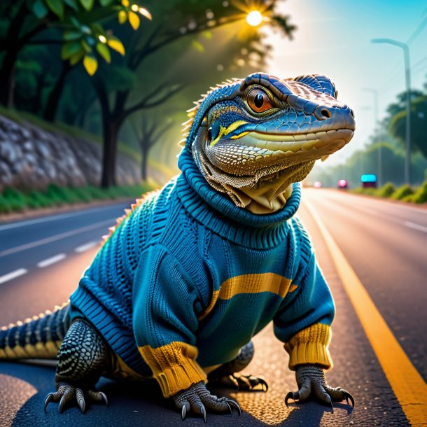 Pic of a monitor lizard in a sweater on the road