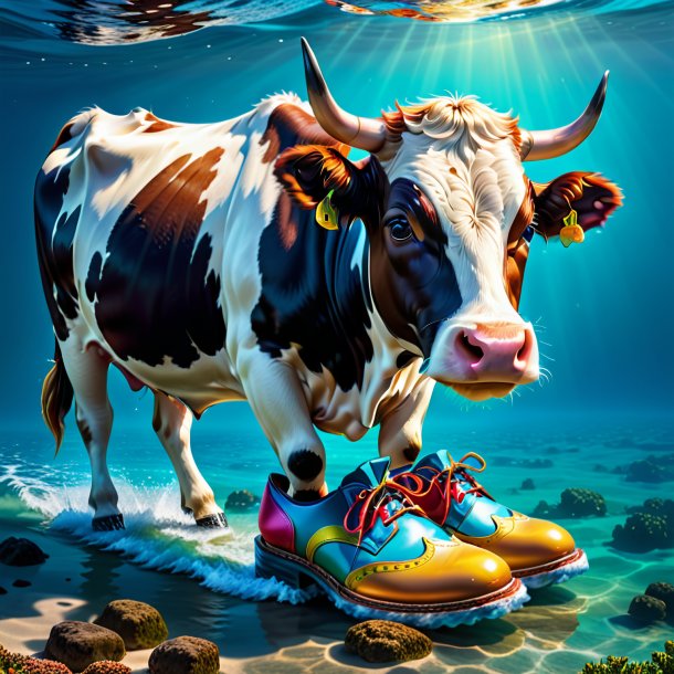 Image d'une vache dans une chaussure dans la mer