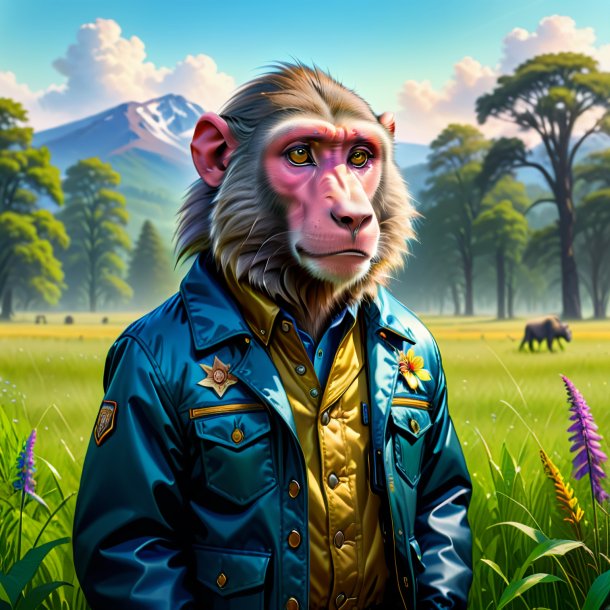 Drawing of a baboon in a jacket in the meadow