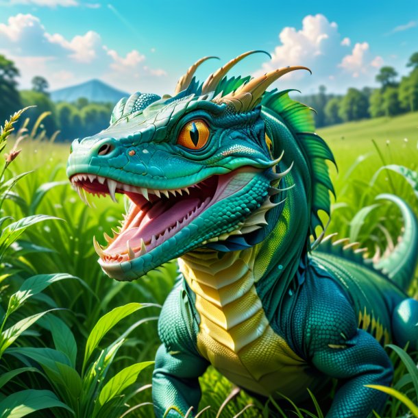 Pic of a smiling of a basilisk in the meadow