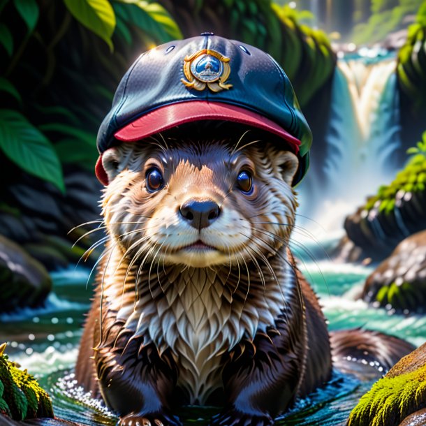 Pic of a otter in a cap in the waterfall