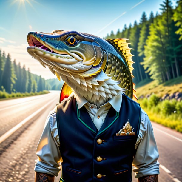 Pic of a pike in a vest on the road