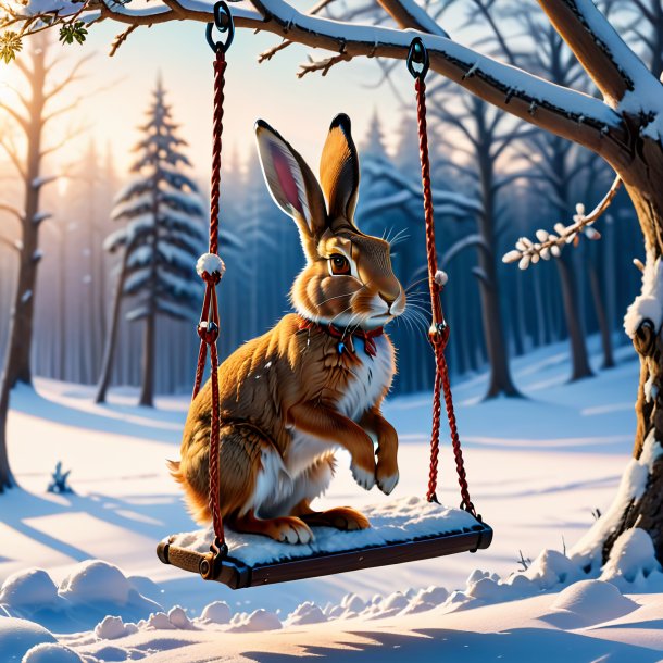 Picture of a swinging on a swing of a hare in the snow