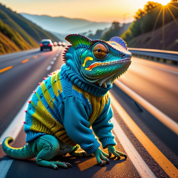 Foto de um camaleão em um suéter na estrada