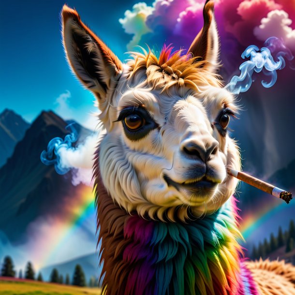 Photo of a smoking of a llama on the rainbow