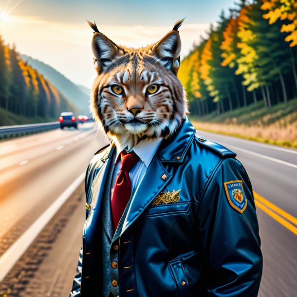 Image of a lynx in a jacket on the highway