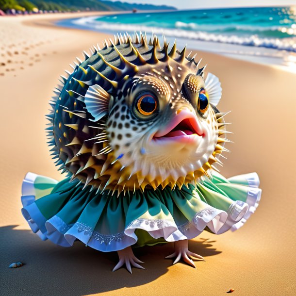 Pic of a pufferfish in a skirt on the beach