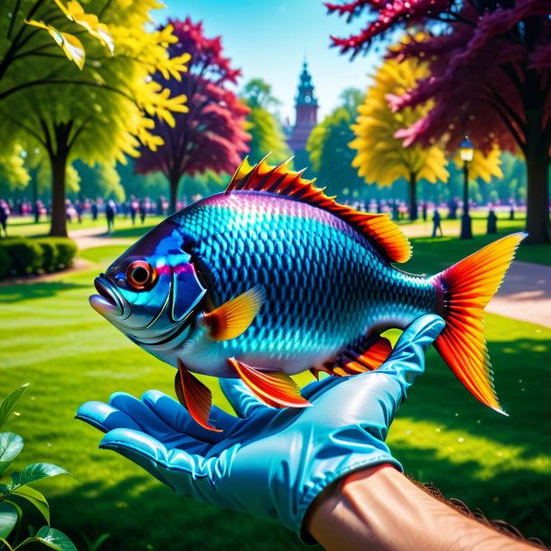 Photo of a fish in a gloves in the park