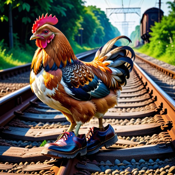 Foto de una gallina en los zapatos en las vías del tren