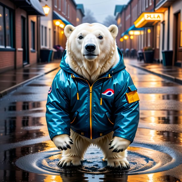 Picture of a polar bear in a jacket in the puddle