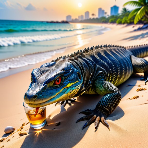 Foto de una bebida de un lagarto monitor en la playa