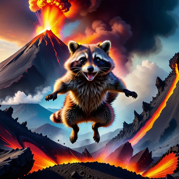 Photo of a jumping of a raccoon in the volcano