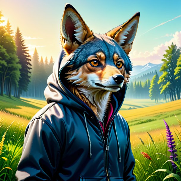 Illustration of a jackal in a hoodie in the meadow