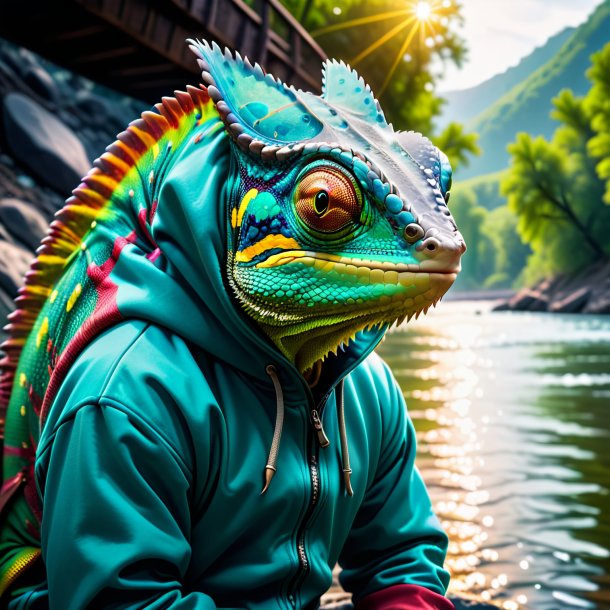 Photo of a chameleon in a hoodie in the river