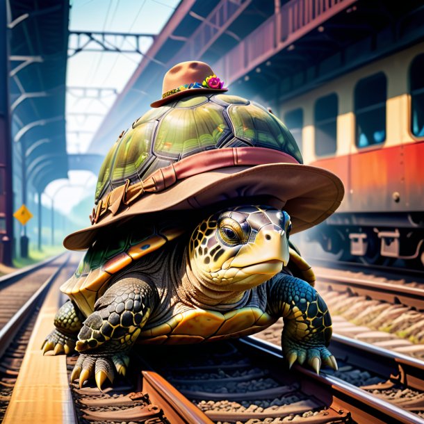 Foto de una tortuga en un sombrero en las vías del tren