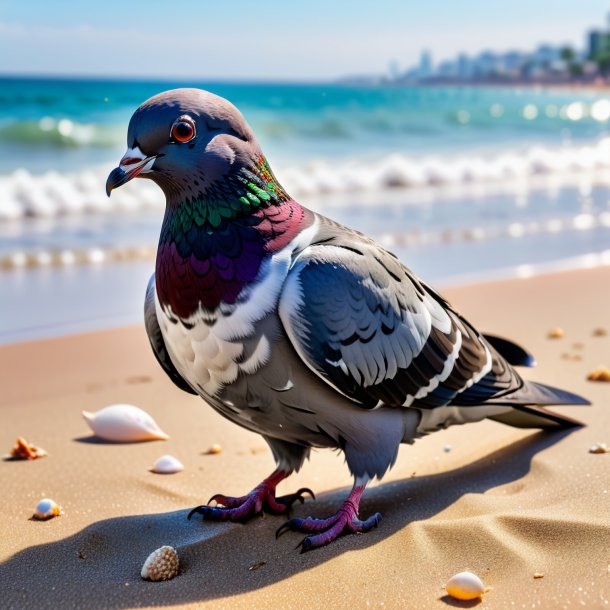 Um choro de um pombo na praia