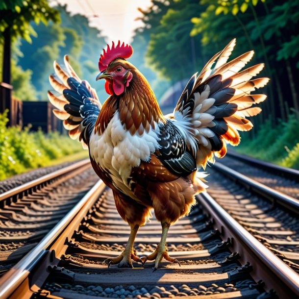 Foto de uma dança de uma galinha nos trilhos ferroviários