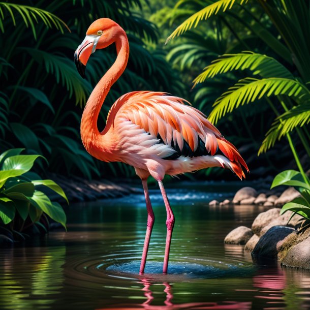 Foto de un flamenco en un cinturón en el río