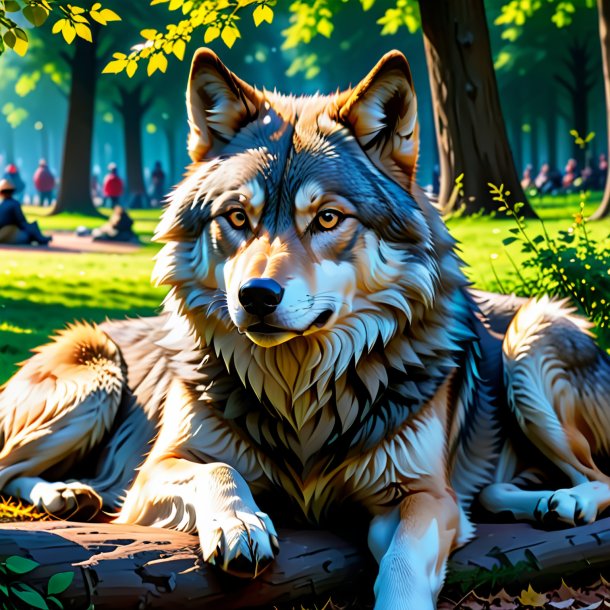 Picture of a resting of a wolf in the park