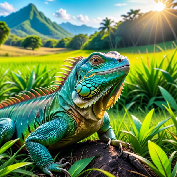 De um descanso de uma iguana no prado