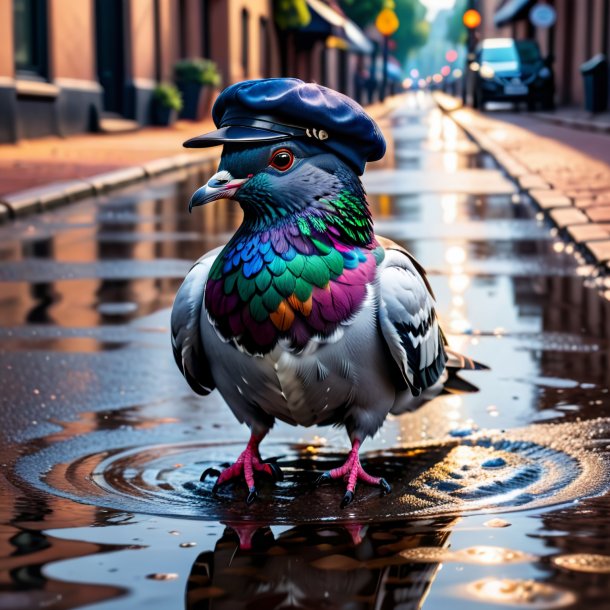 Photo of a pigeon in a cap in the puddle