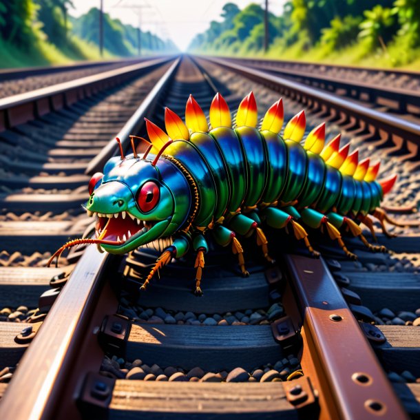 Picture of a centipede in a belt on the railway tracks