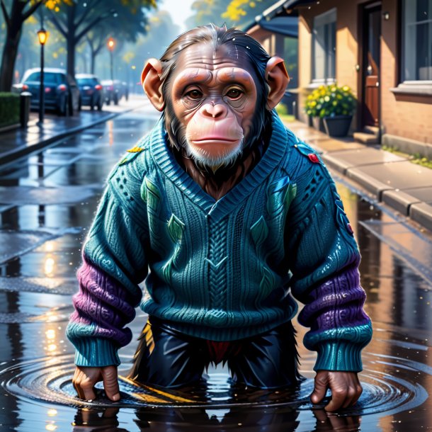 Drawing of a chimpanzee in a sweater in the puddle