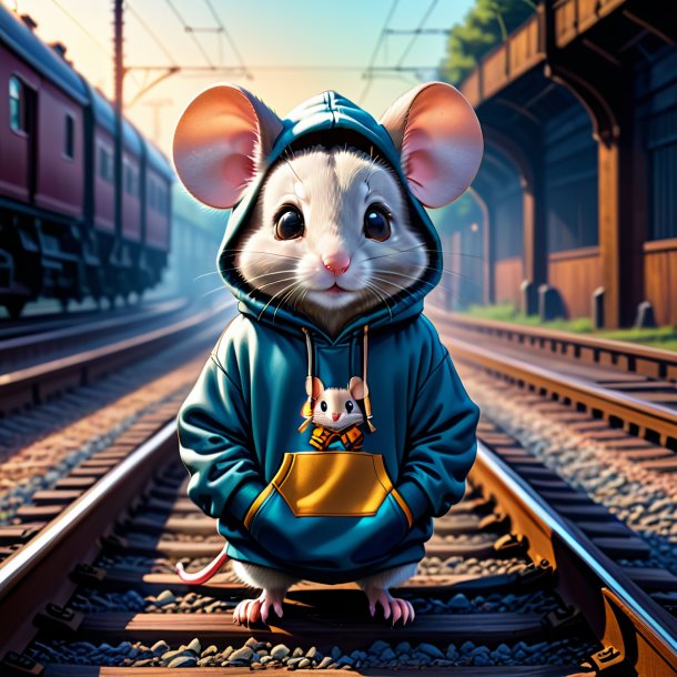 Ilustração de um rato em um hoodie nas trilhas ferroviárias