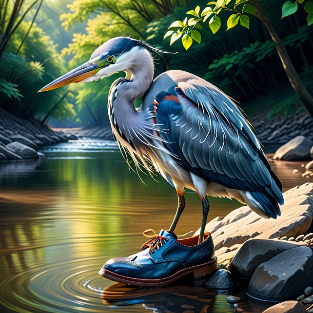 Drawing of a heron in a shoes in the river