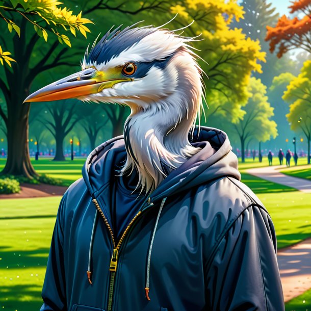 Illustration of a heron in a hoodie in the park