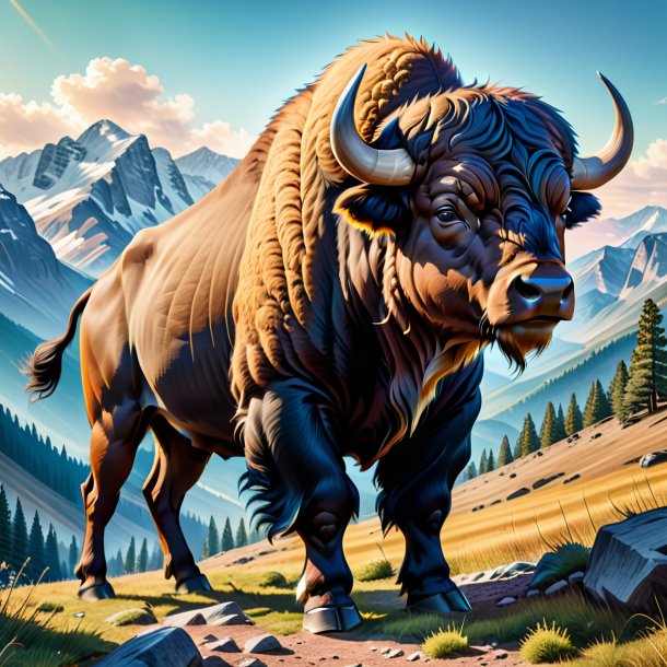 Drawing of a buffalo in a trousers in the mountains