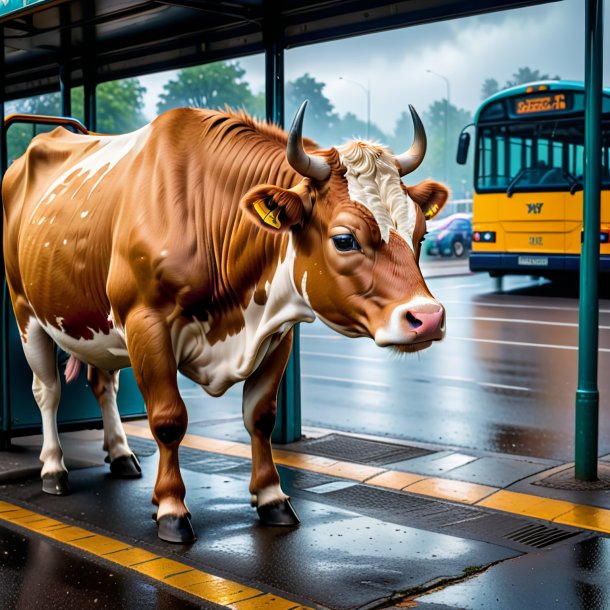 Foto de un llanto de una vaca en la parada de autobús