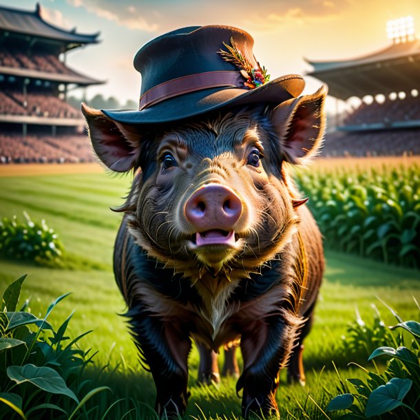 Image of a boar in a hat on the field