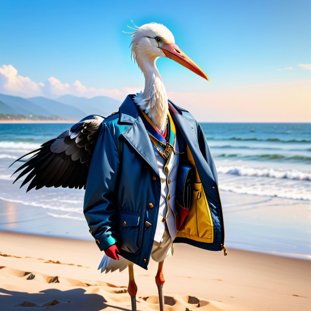 Image d'une cigogne dans une veste sur la plage