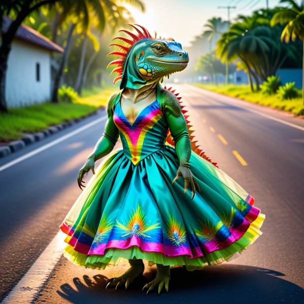 Photo of a iguana in a dress on the road