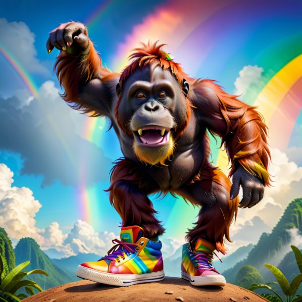 Photo of a orangutan in a shoes on the rainbow