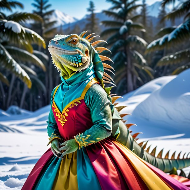 Image of a iguana in a dress in the snow