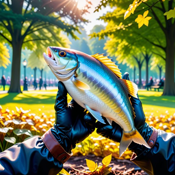 Picture of a haddock in a gloves in the park