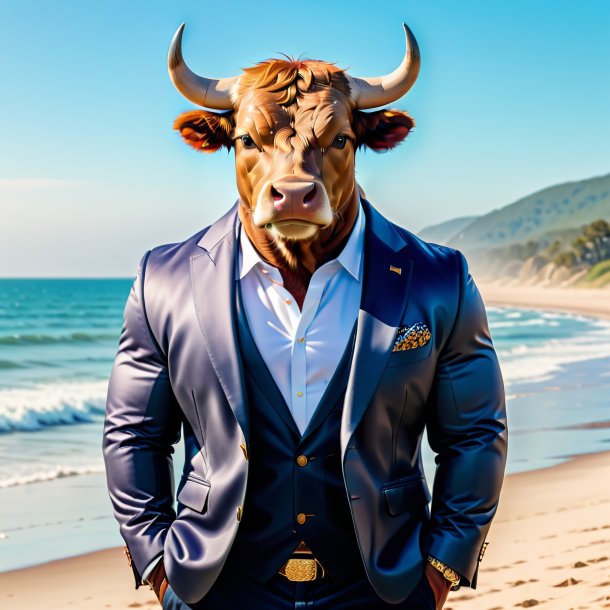 Picture of a bull in a jacket on the beach