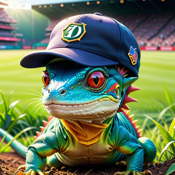 Ilustración de un lagarto en una gorra en el campo