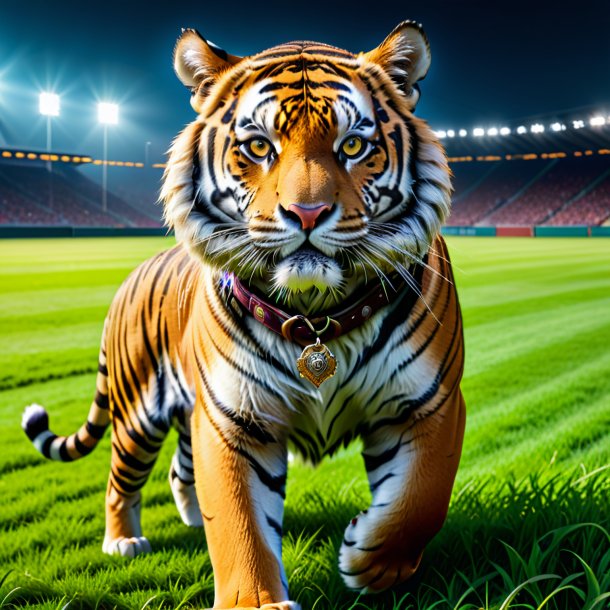 Picture of a tiger in a belt on the field