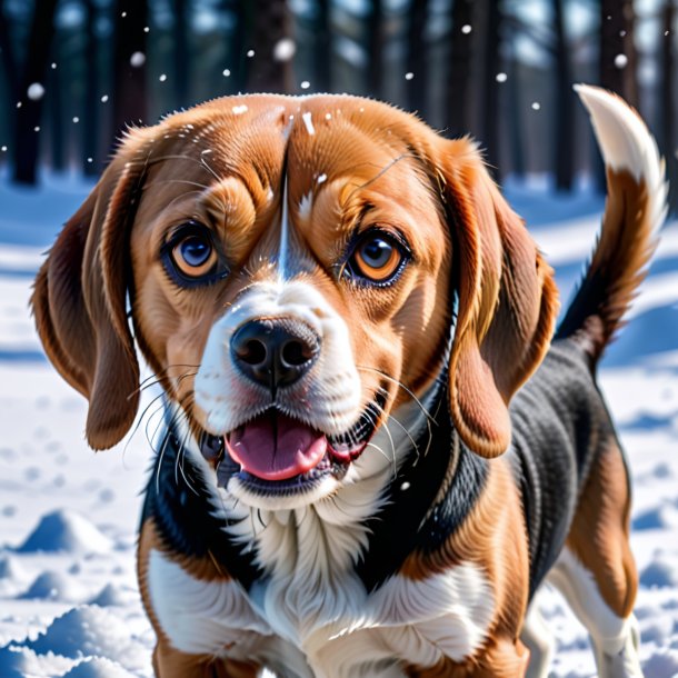 Uma foto de um beagle raivoso na neve