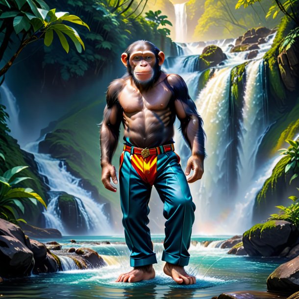 Picture of a chimpanzee in a trousers in the waterfall