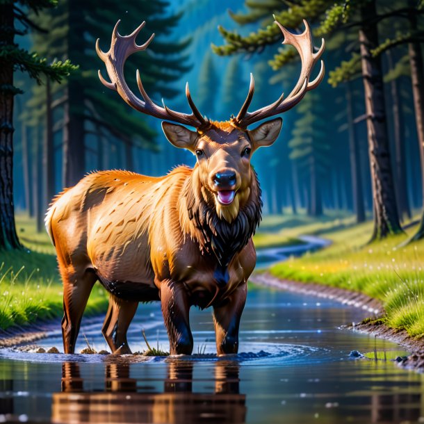 Image of a smiling of a elk in the puddle