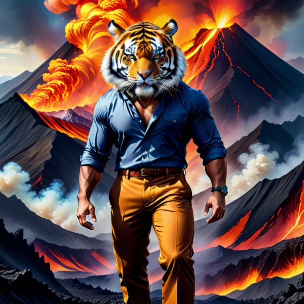 Drawing of a tiger in a trousers in the volcano