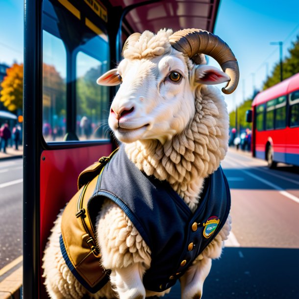 Photo of a sheep in a vest on the bus stop