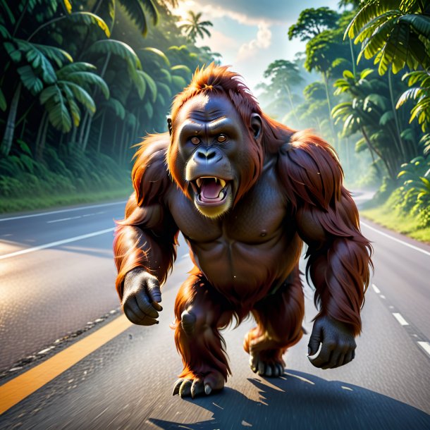 Picture of a angry of a orangutan on the road